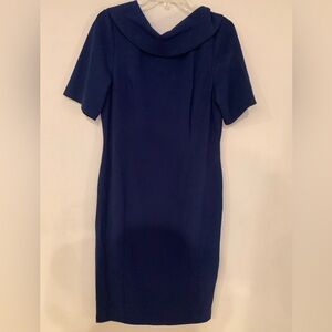 Adrianna Papell Navy Cowl Collar Scoop Back Short-Sleeve Sheath Midi Dress Sz 14